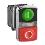 Schneider XB4BW73731B5 Harmony | Illuminated double-headed push button, metal, Ø22, 1 green flush I + 1 pilot light + 1 red projecting O, 1 NO + 1 NC